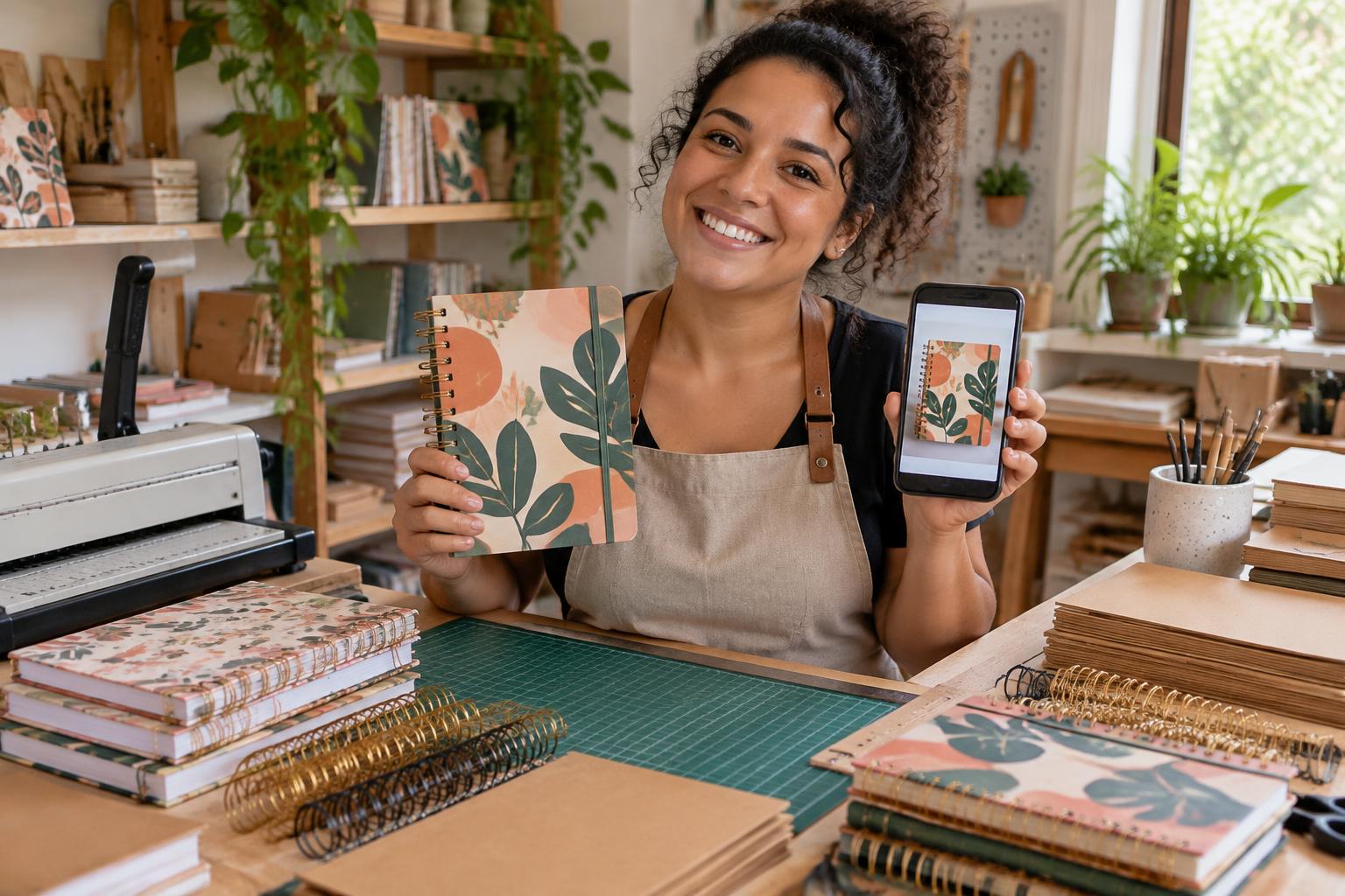 Artesã encadernando cadernos com materiais Marpax