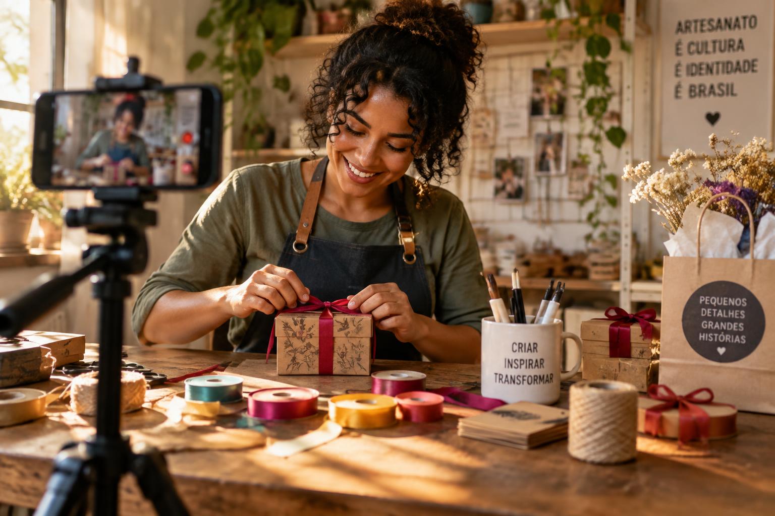 Criadora gravando conteúdo com produtos de papelaria